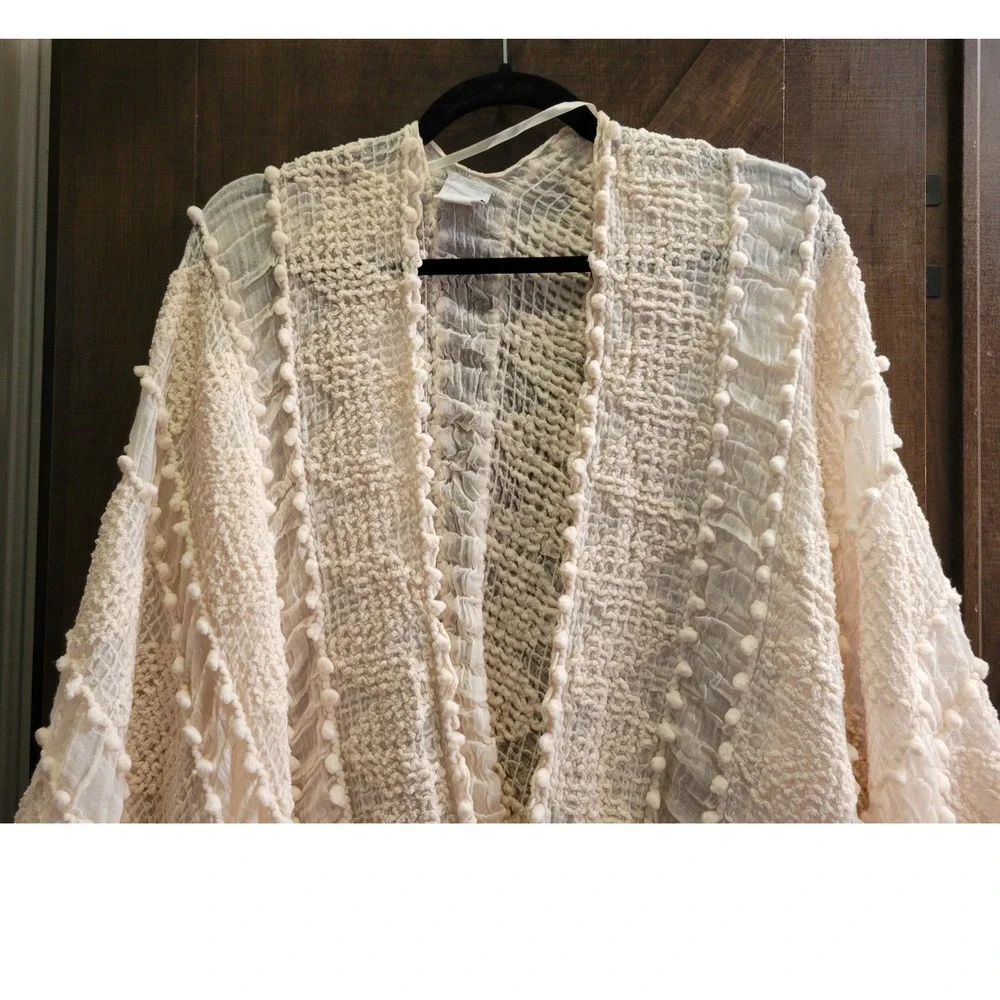 Sonoma Goods For Life Cream Pom Pom Textured Kimono Wrap Cover Up One Size